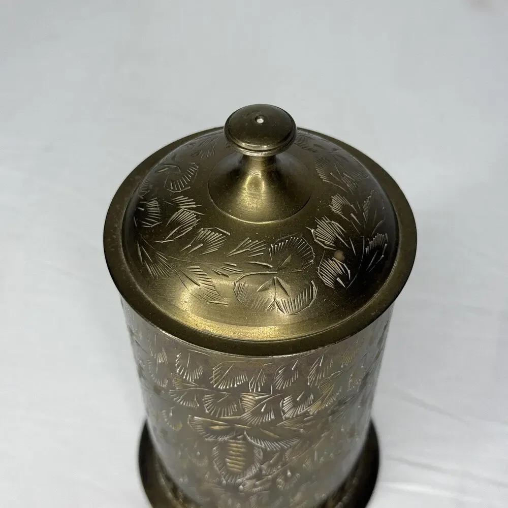 Vintage World Gift Brass Lidded Decorative Tin Canister Etched Floral India